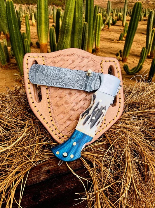 Mini Folding Bull Cutter Pocket Knife – Handmade 3" Damascus Blade