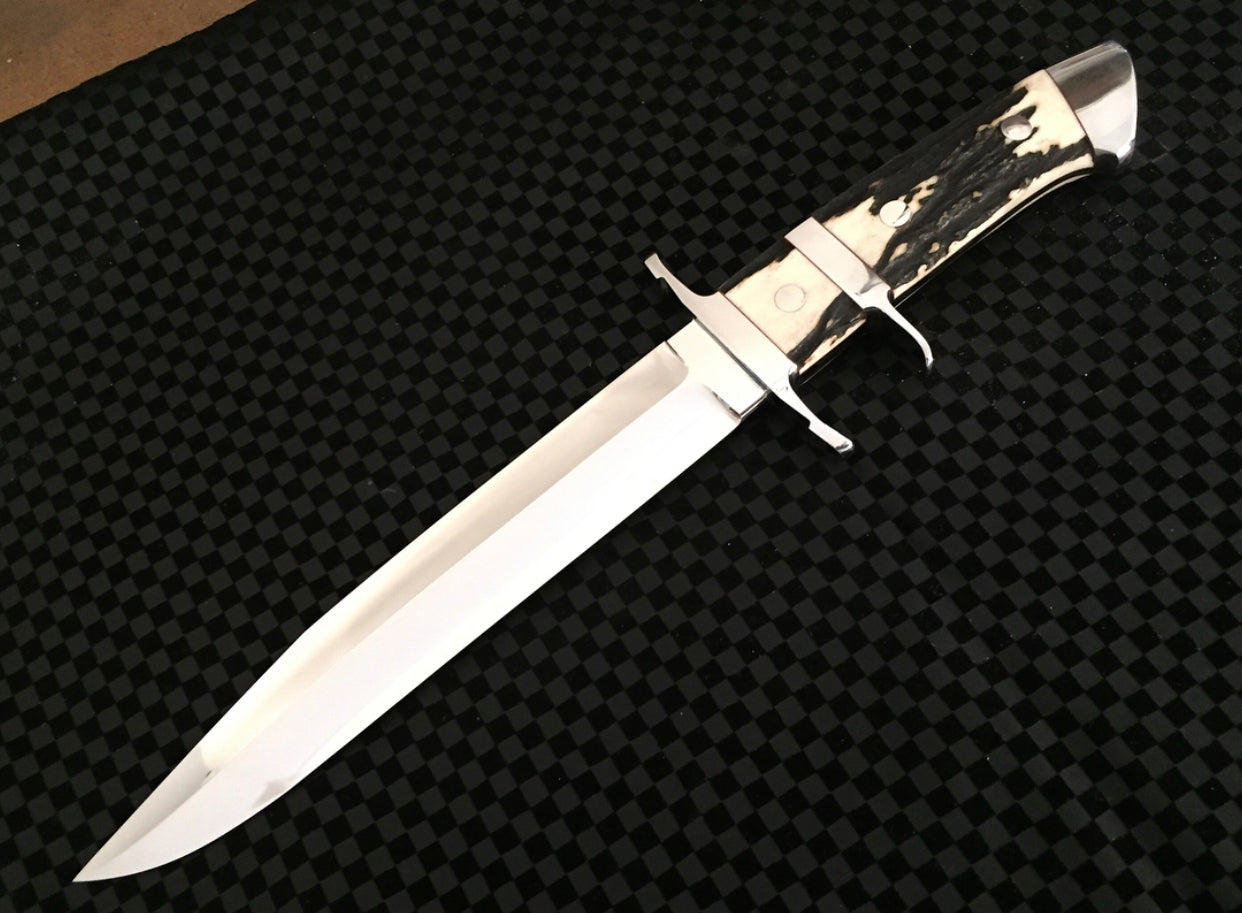 Pig Sticker Knife with Leather Sheath for Sale – Custom Handmade Full Tang D2 Steel Blade, Antler Horn Handle & Steel Double Guard | 13-Inch Hunting Knife – KBS Knives