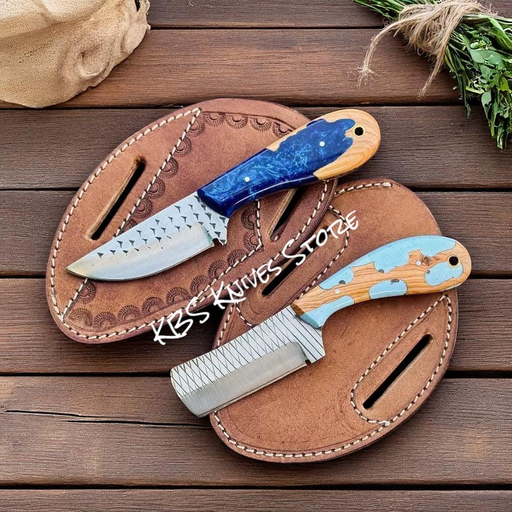 Ranch cowboy knives and sheaths set with 3.75 inch rasp steel blades and epoxy olivewood handles bull cutter cowboy knife