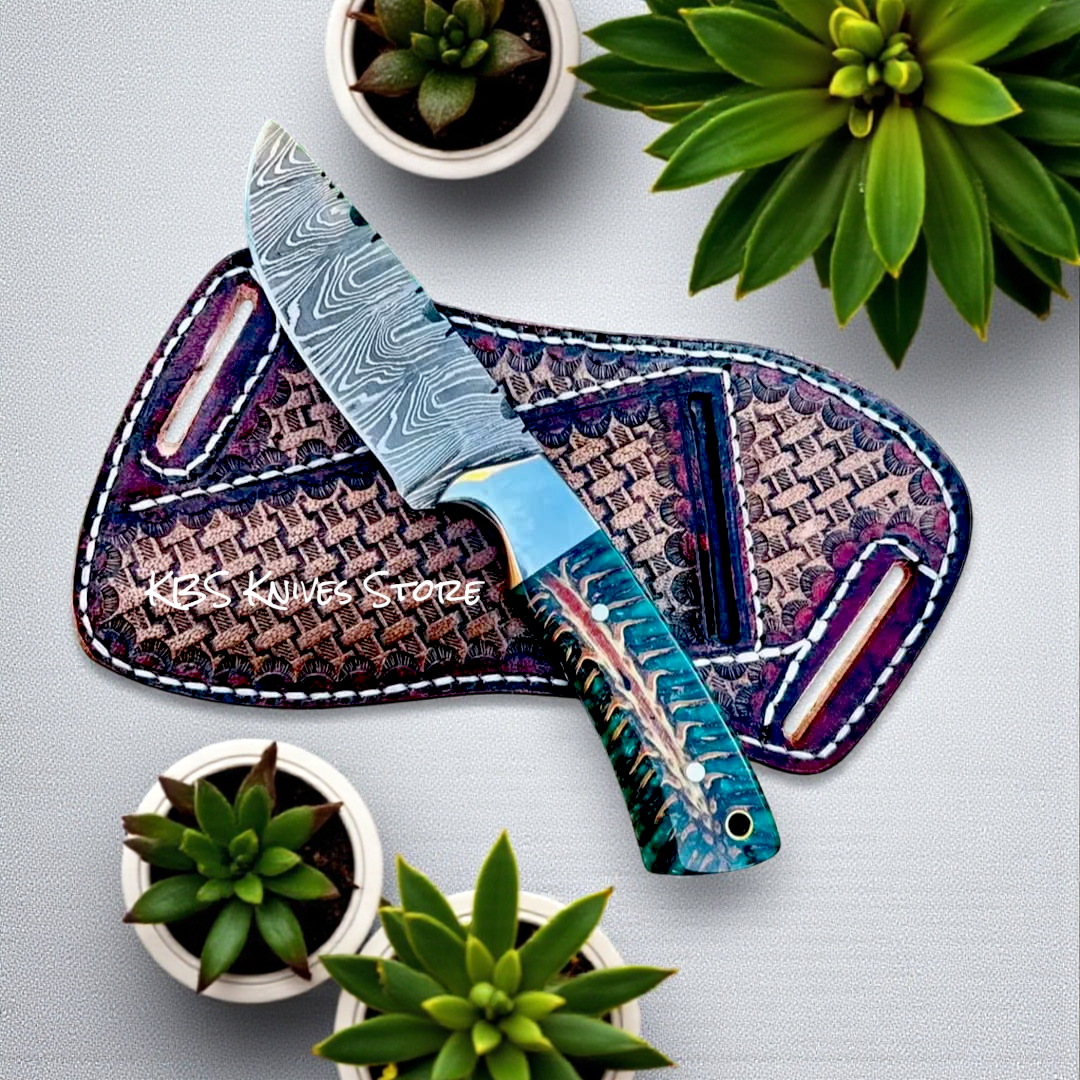 Reliable Damascus 4" Blade Knife with Crossdraw Sheath