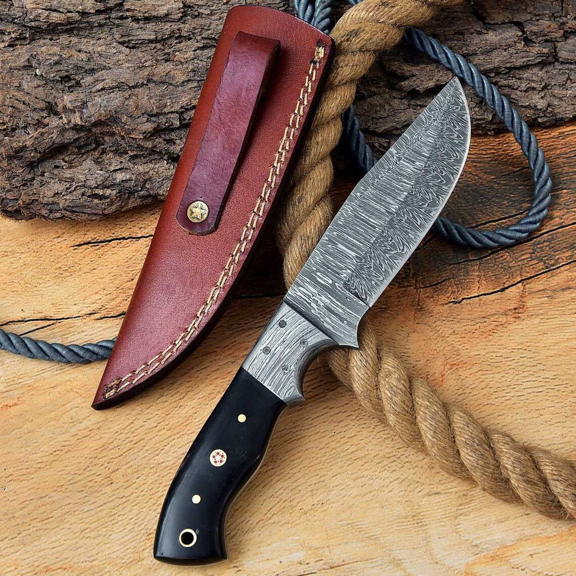 Ridgeback Ranger hunting knife with KBS Knives logo engraved on the blade and leather sheath