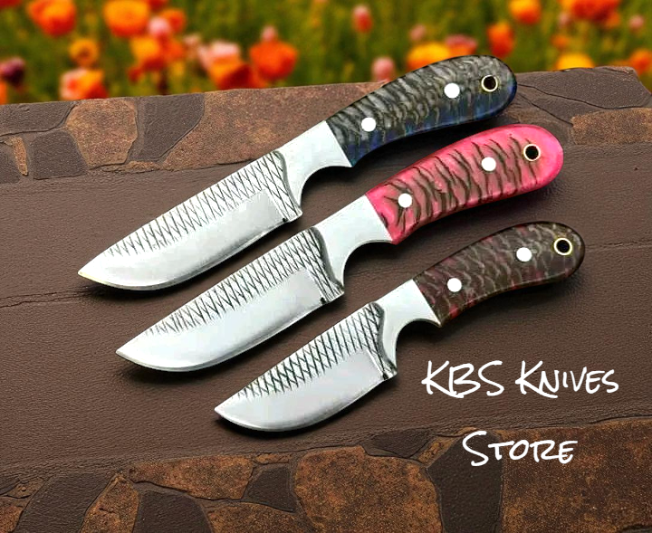 Set of 3 cowboy knives for homesteaders with rasp steel blades and colorful epoxy resin handles