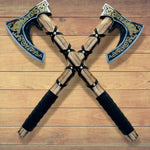 Side view of the engraved 1095 steel blade of the Viking hatchet
