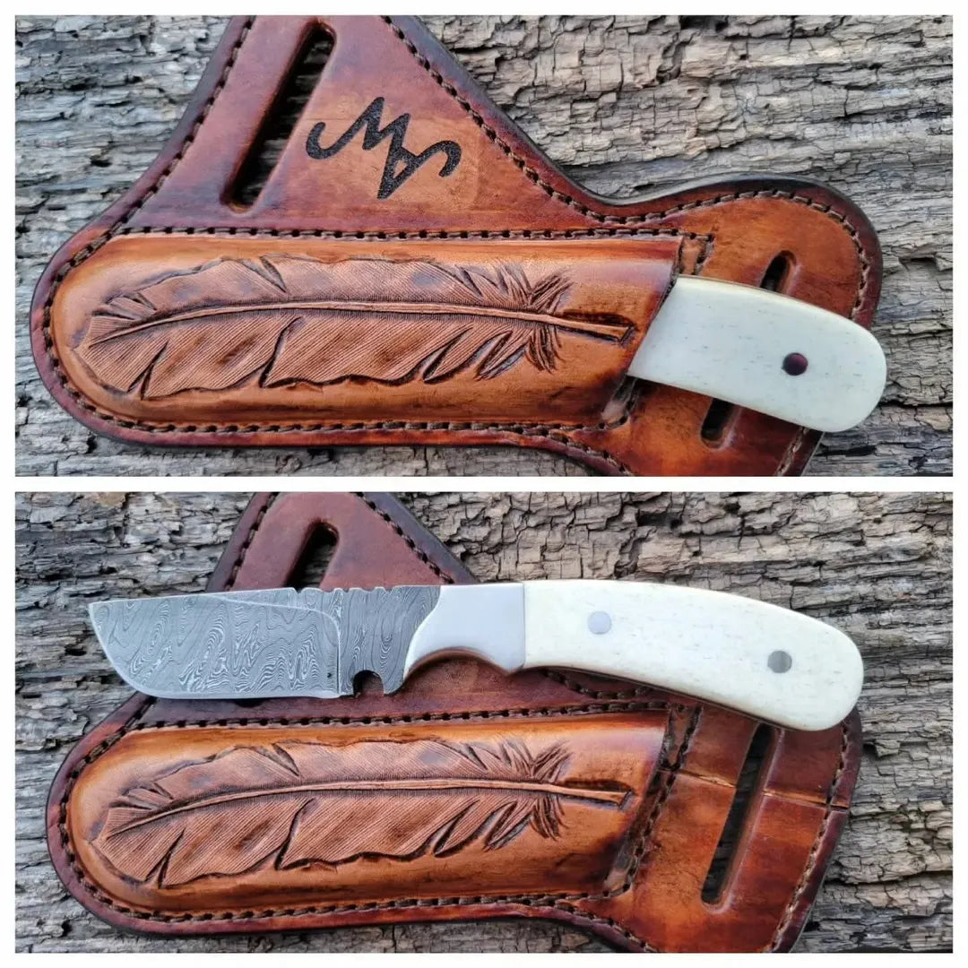 Custom Damascus Utility Knife with Bone Handle