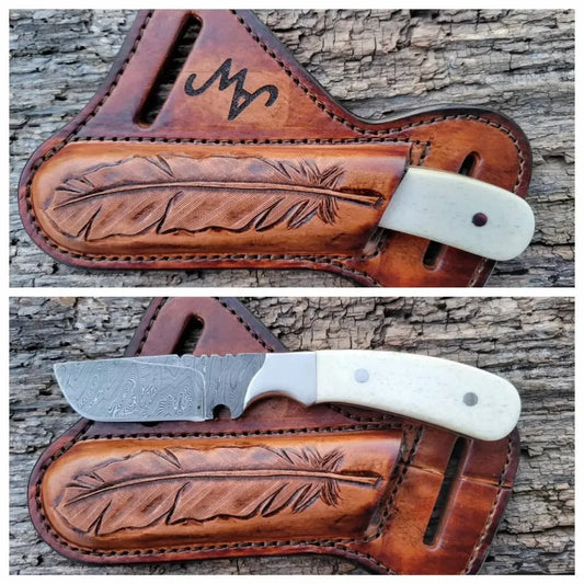 Custom Damascus Utility Knife with Bone Handle