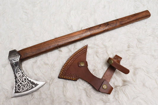 Tomahawk axe with forged 1095 steel blade and rosewood handle