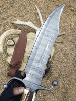 Twisted Damascus Steel Blade Bowie Knife with Leather Sheath and Antler Handle