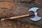 "Custom Handmade High Carbon Engraved Double Head Viking Axe | Ash Wood Handle | Leather Sheath | KBS Knives Store"