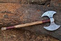 "Custom Handmade High Carbon Engraved Double Head Viking Axe | Ash Wood Handle | Leather Sheath | KBS Knives Store"