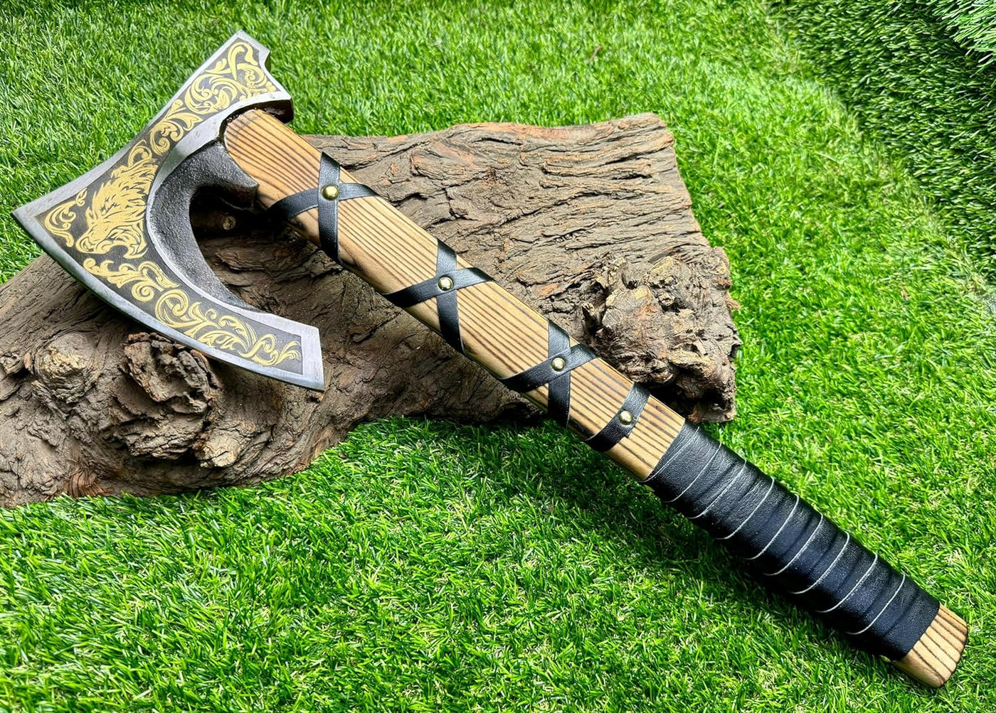 Viking Hatchet - Custom Handmade Engraved 1095 Steel Blade with Ash Wood Handle | KBS Knives Store

