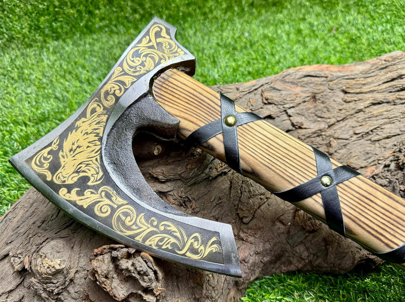 Viking hatchet with custom engraving and included leather sheath