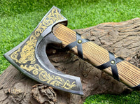 Viking hatchet with custom engraving and included leather sheath