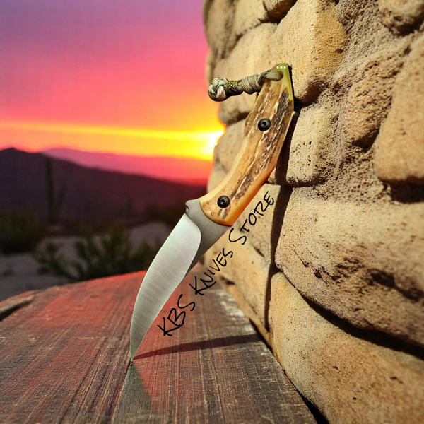 EDC Cowboy Belt Knife – D2 Steel Blade with Antler Horn Handle & Western Pancake Leather Sheath