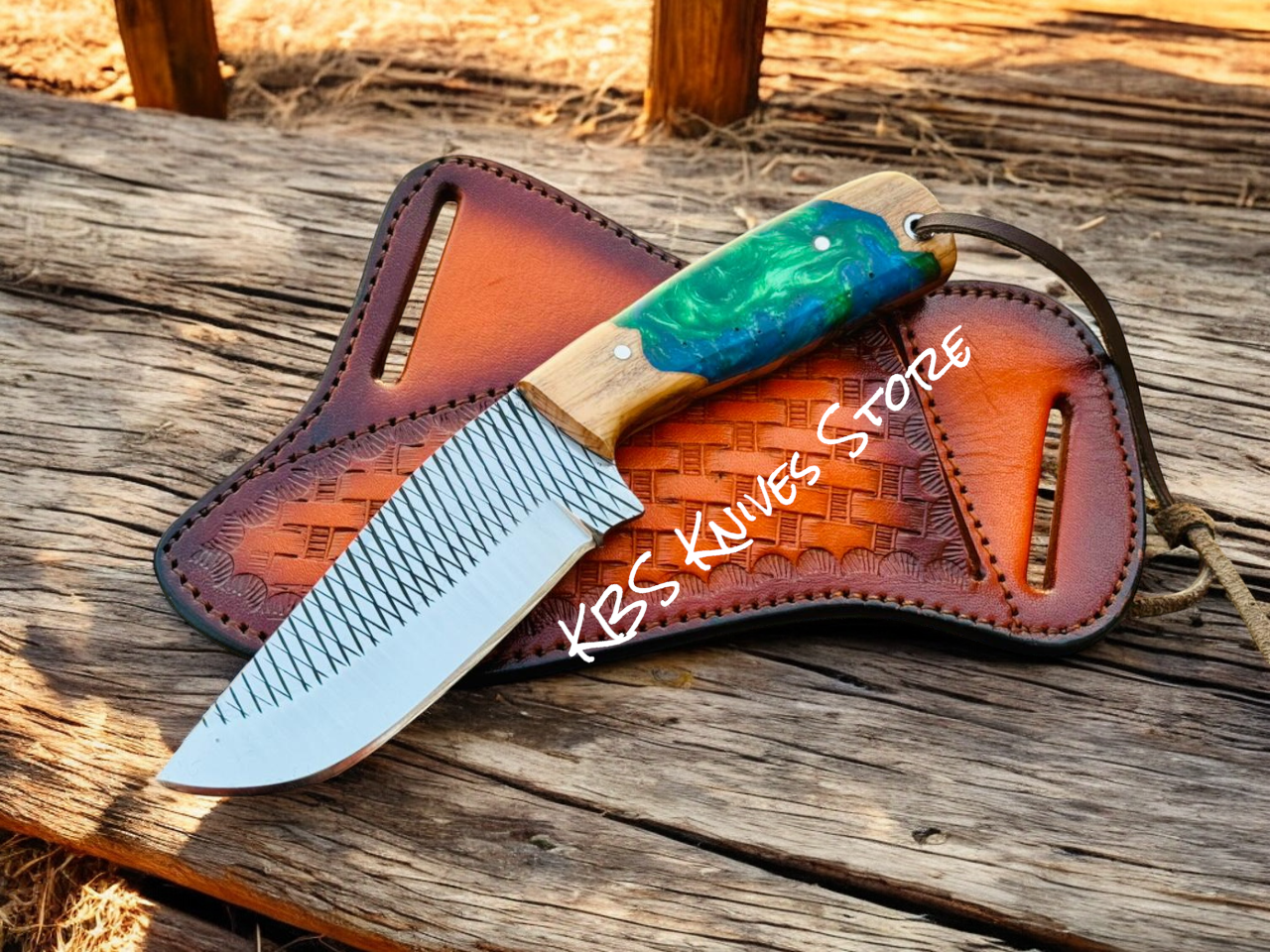 Fixed Blade Cowboy Knife Sheath – Rasp Steel with Resin Olivewood Handle