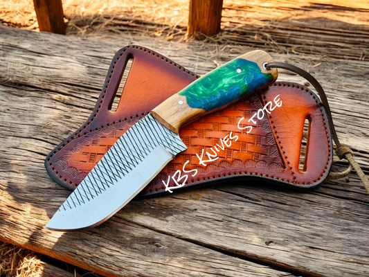 Fixed Blade Cowboy Knife Sheath – Rasp Steel with Resin Olivewood Handle
