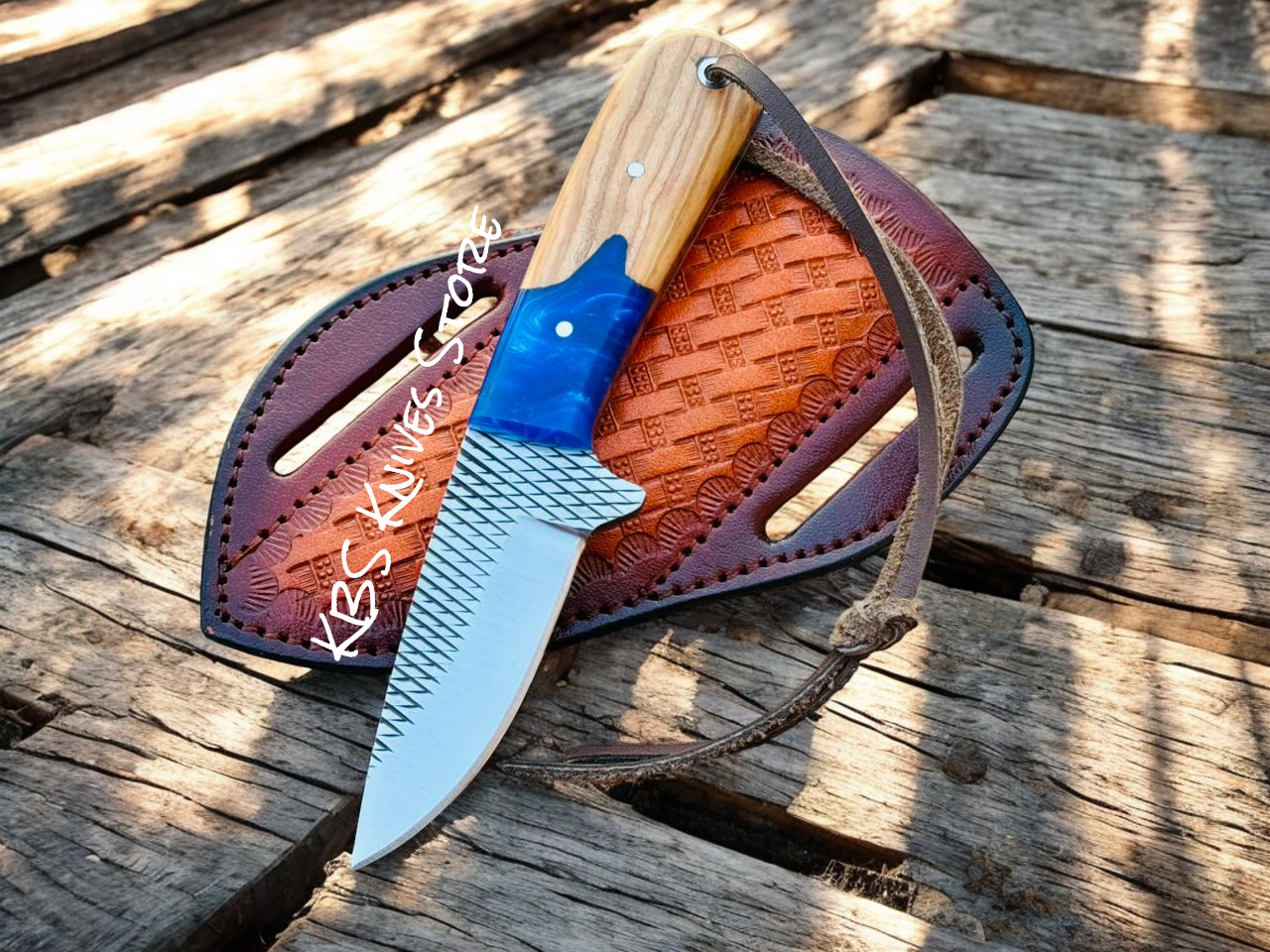 Cowboy Carry Knife – 3.1" Rasp Steel Blade with Olivewood Blue Resin Handle and leather sheath