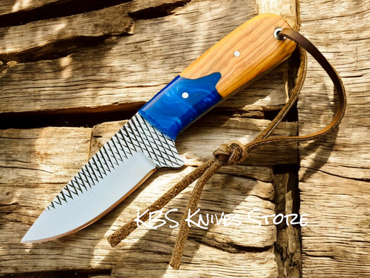 Cowboy Carry Knife – 3.1" Rasp Steel Blade with Olivewood Blue Resin Handle
