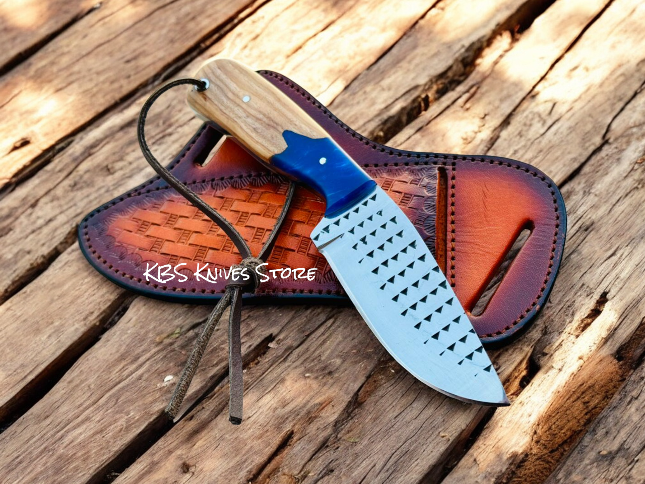Cowboy Knife and Sheath Set – Rasp Steel with Olivewood Blue Resin Handle