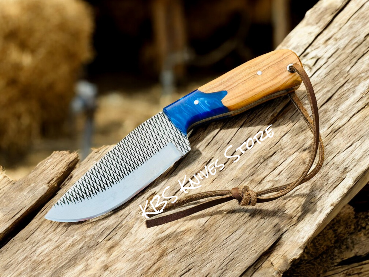 Cowboy Knife and Sheath Set – Rasp Steel with Olivewood Blue Resin Handle