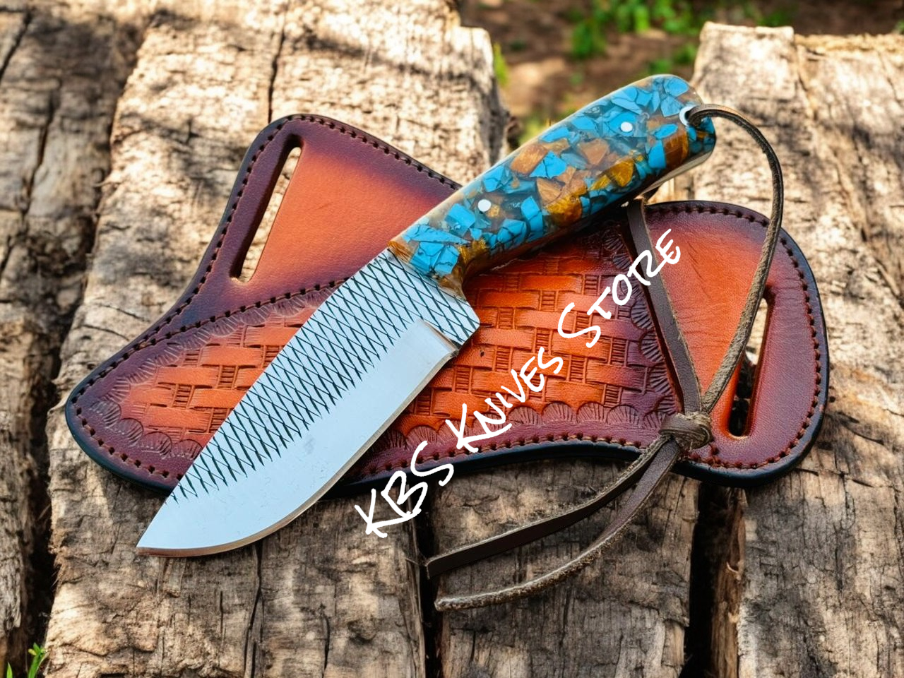 Hunting Knife 3.7" Rasp Steel Blade with Turquoise & Resin Handle