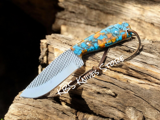 Hunting Knife – Rasp Steel with Turquoise & Golden Resin Handle