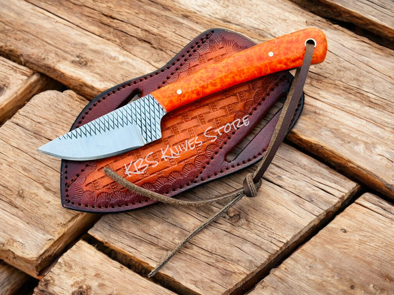 EDC Deer Skin Knife – 3" Rasp Steel Blade with Orange Epoxy Resin Handle