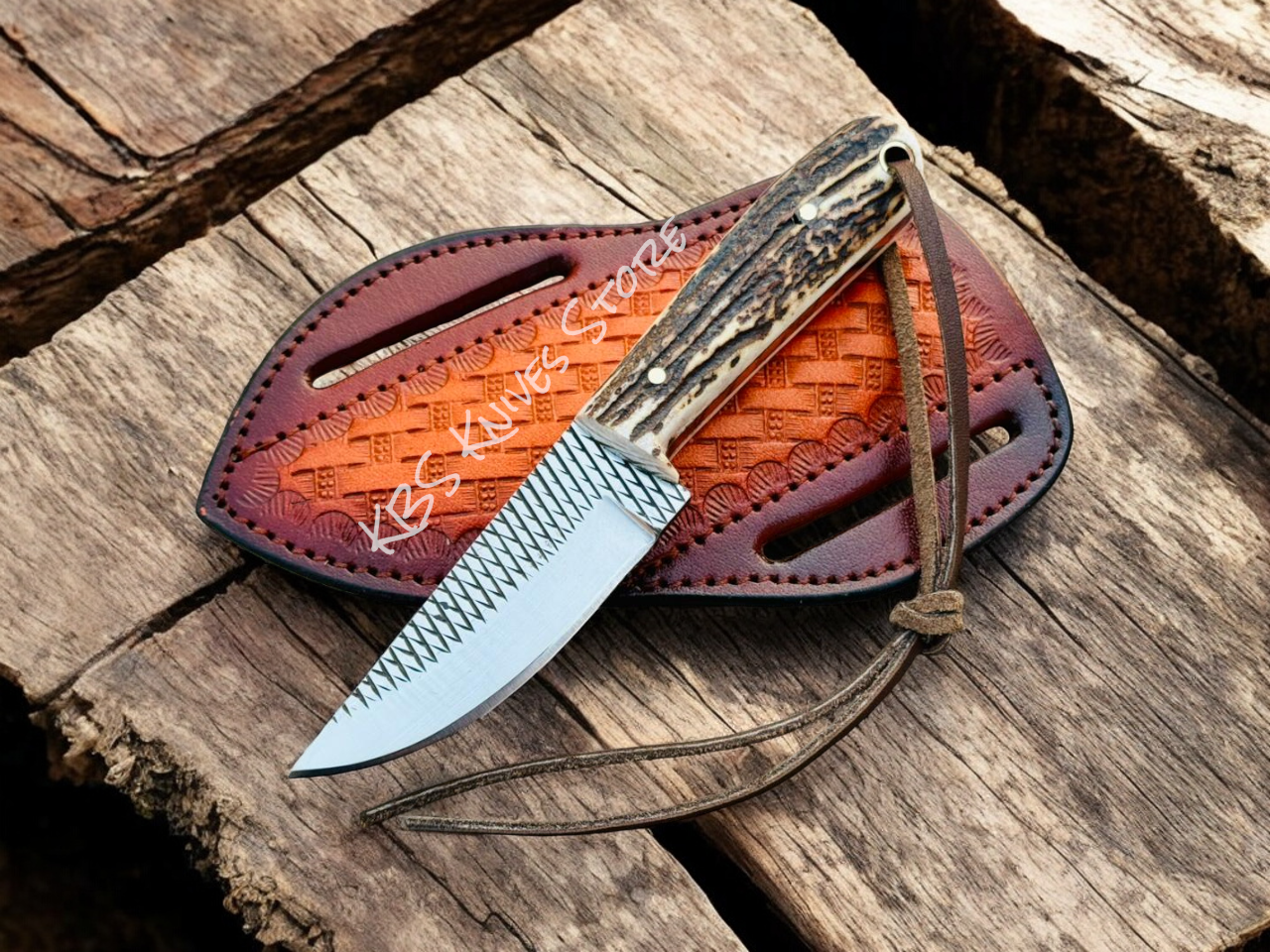 Cowboy Knife and Sheaths – 6.5" Overall, 3" Rasp Steel Blade w/ Antler Horn Handle