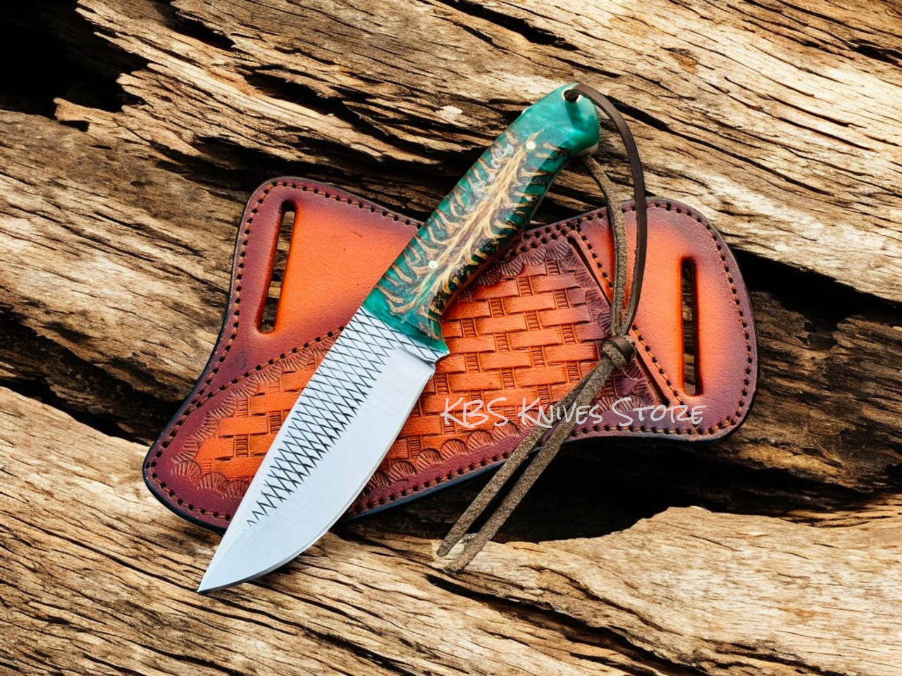 Western Knife and Sheath – 8" Overall, 4" Blade with Green Epoxy Resin Handle