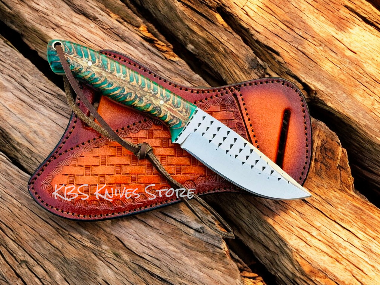 Western Knife and leather Sheath – 8" Overall, 4" Blade with Green Epoxy Resin Handle