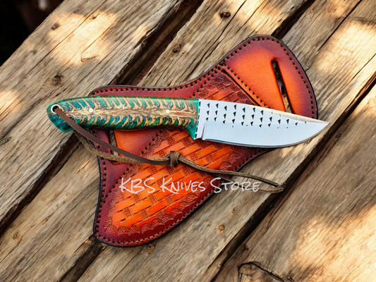 Western Knife and Sheath – 8" Overall, 4" Blade with Green Epoxy Resin Handle