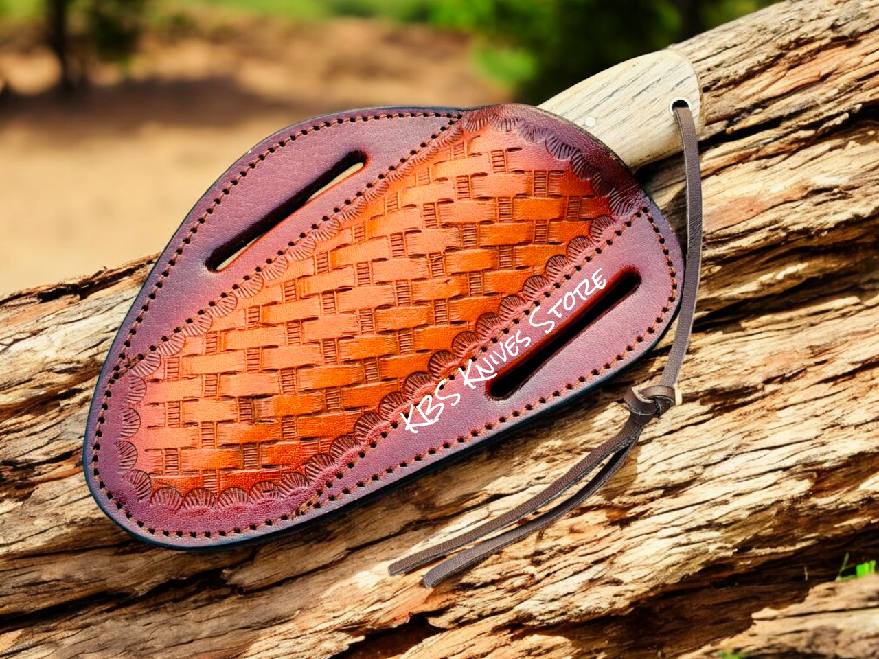 Leather foot care tool with woven design on a wooden log