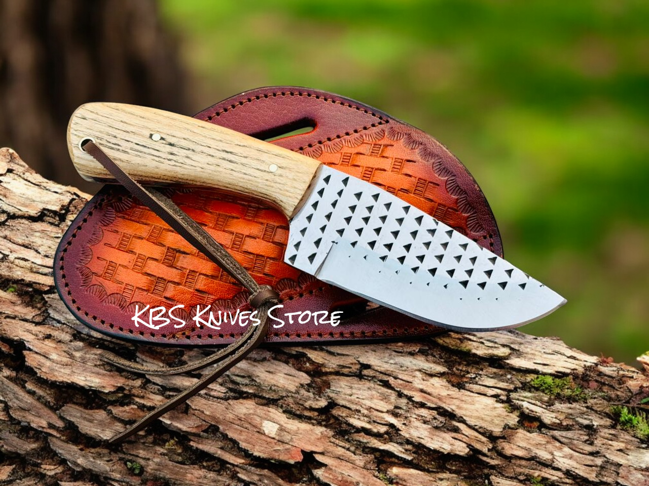 Handmade Skinning Knife – 8" Overall, 4" Rasp Steel Blade with Ash Wood Handle