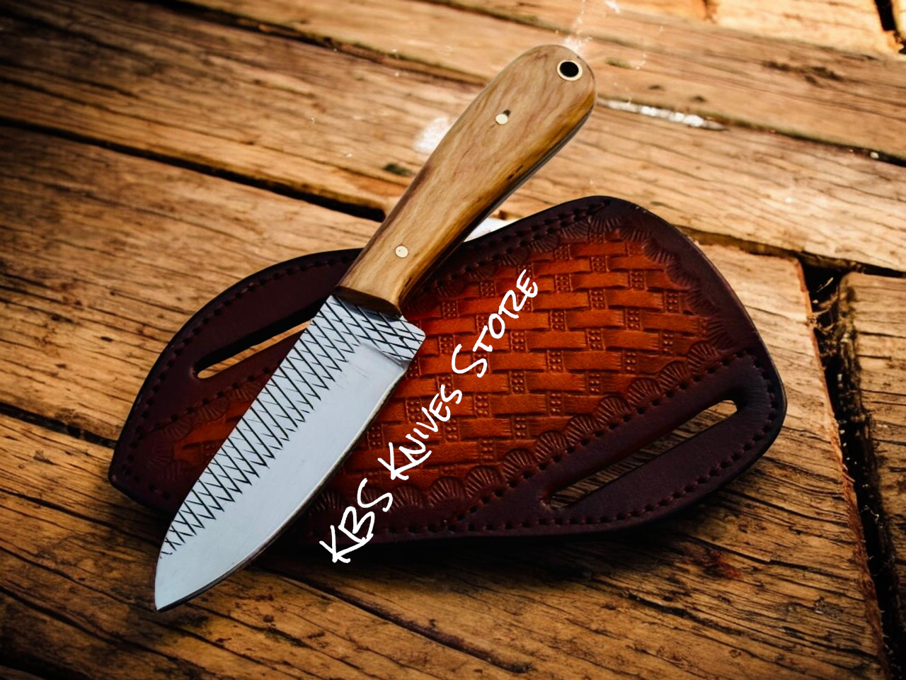 Horizontal Belt Knife – 7" Rasp Steel with 3.5" Blade & Olivewood Handle