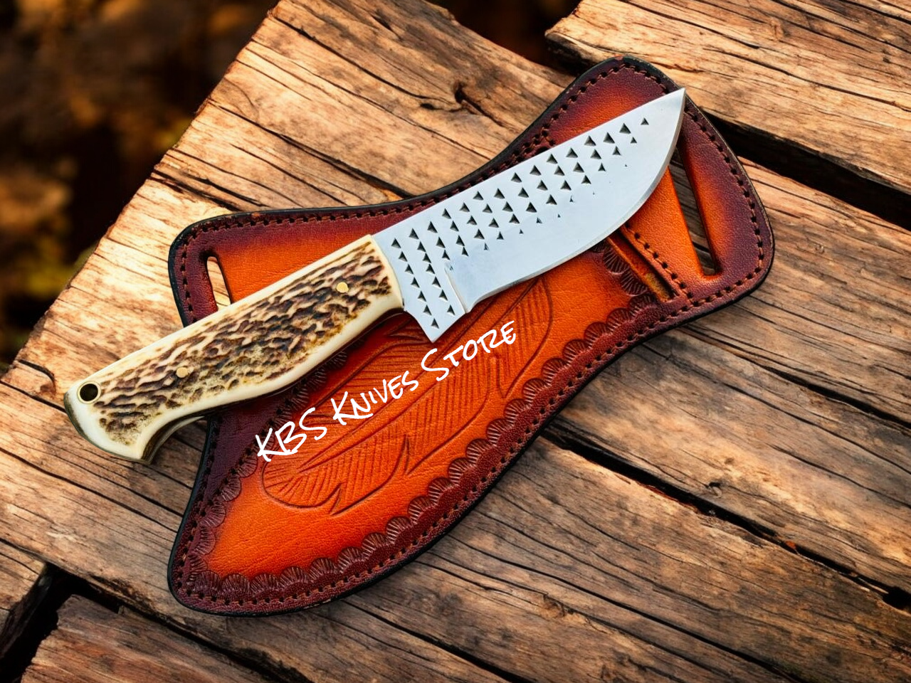 Cowboy Outdoor Knife for Trail Riding – Antler Horn Handle & Cross-Draw Sheath