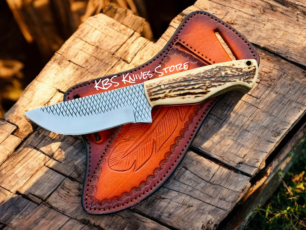 Cowboy Outdoor Knife for Trail Riding – Antler Horn Handle & Cross-Draw Sheath