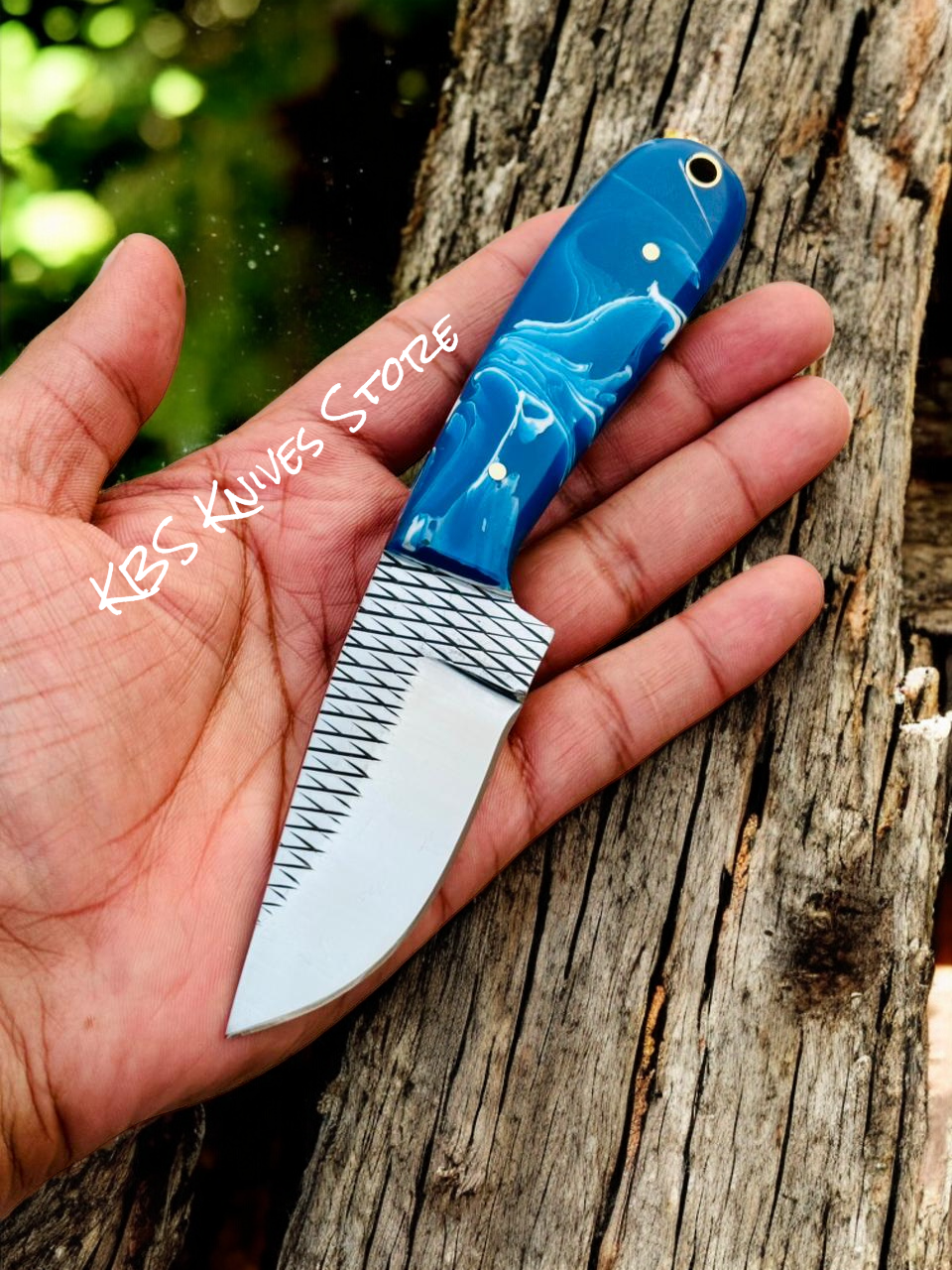 Rancher’s Cowboy Knife – 3.4" Rasp Steel Blade with White & Blue Epoxy Handle