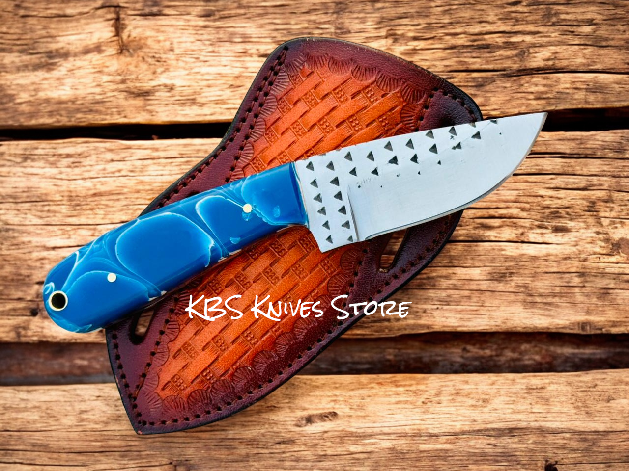Rancher’s Cowboy Knife – 3.4" Rasp Steel Blade with White & Blue Epoxy Handle