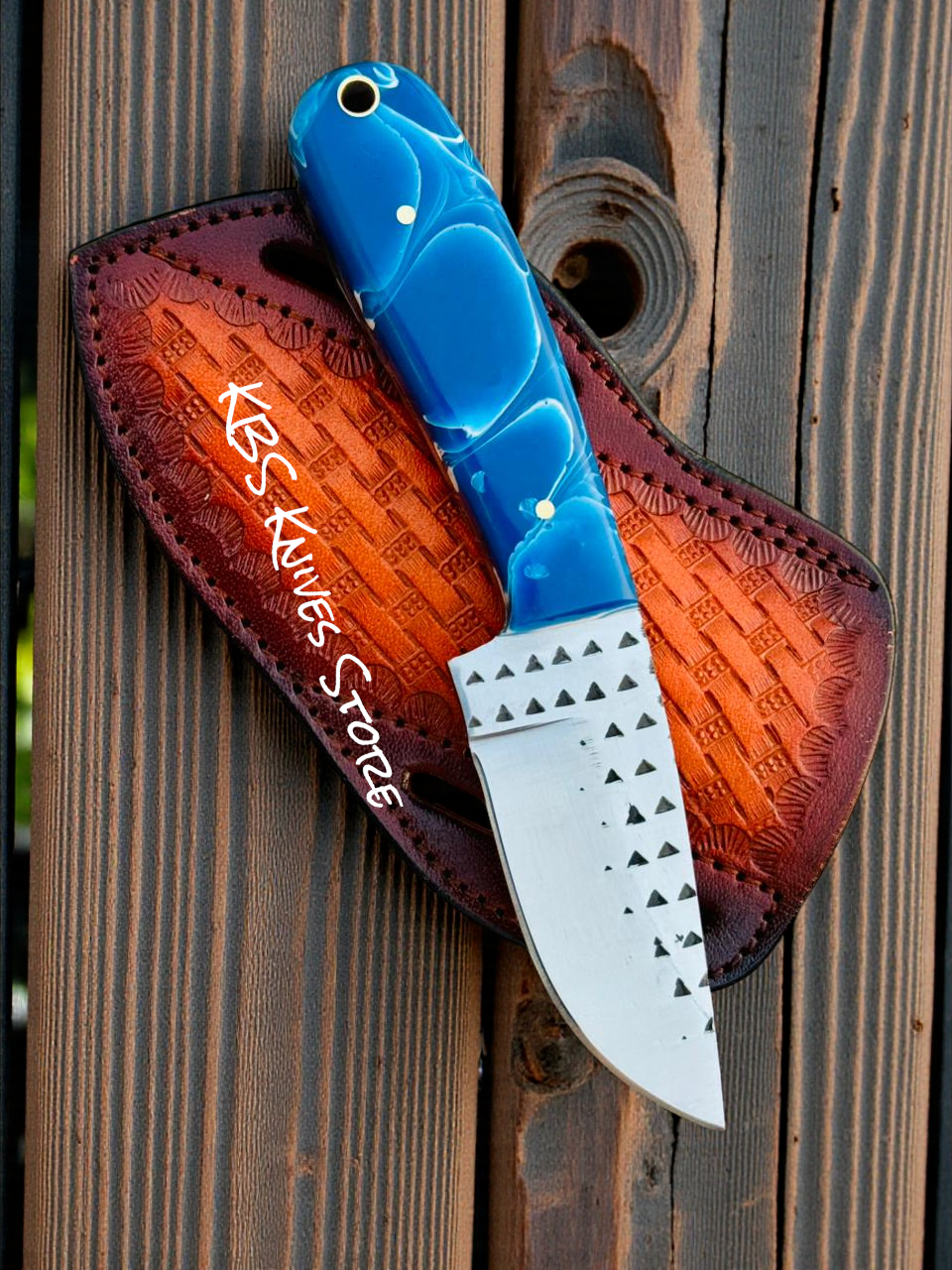 Rancher’s Cowboy Knife – 3.4" Rasp Steel Blade with White & Blue Epoxy Handle