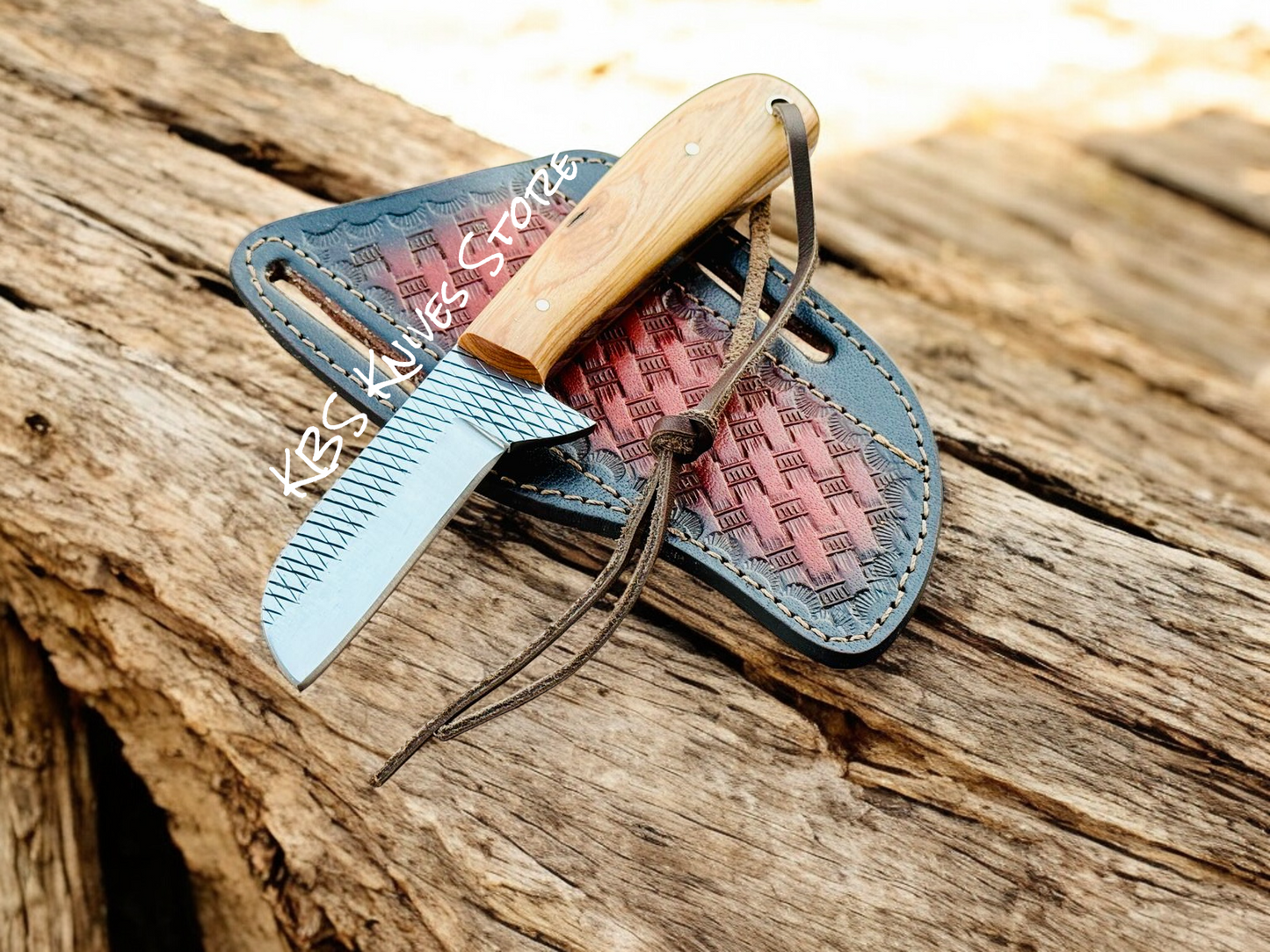 Castrator Knife with 3.25" Rasp Steel Blade and Olivewood Handle and leather sheath