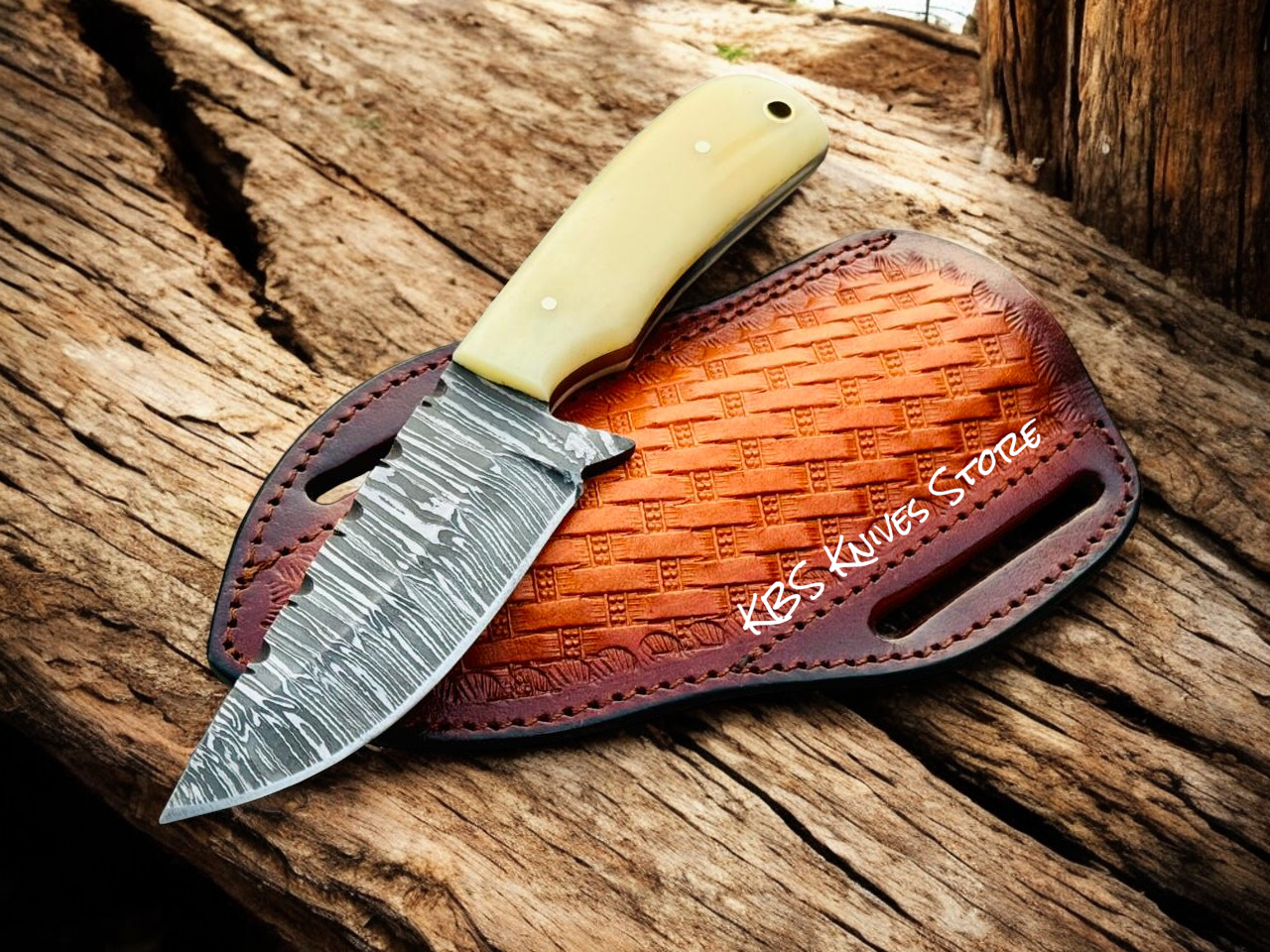 Cowboy Cross Draw Knife – 3.9" Firestorm Damascus Blade Deer Bone Handle