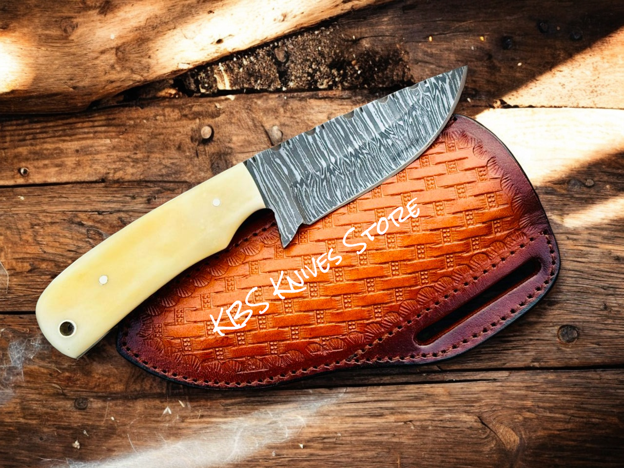 Cowboy Cross Draw Knife with Firestorm Damascus & Deer Bone Handle