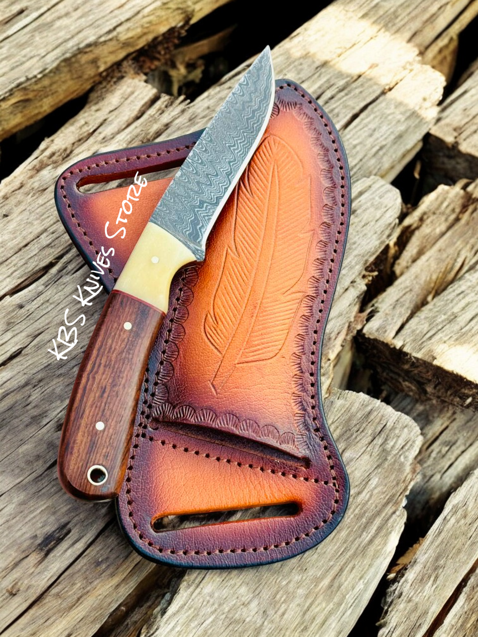 Cowboy Rough Rider Knife – 3.75" Damascus Blade Deer Bone Handle