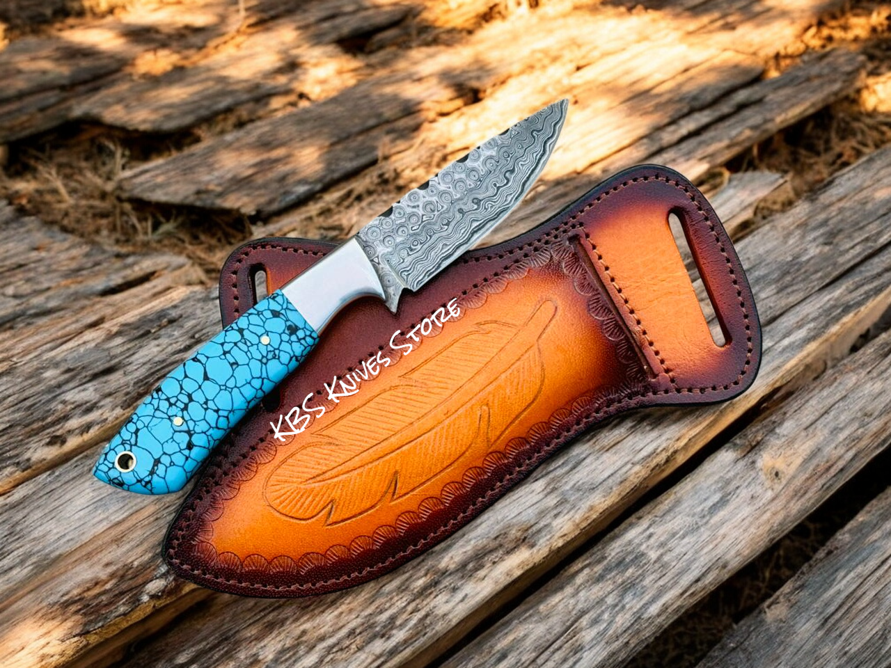 Western Turquoise Lover Knife – 3.7" Damascus Blade w/ Leather Sheath