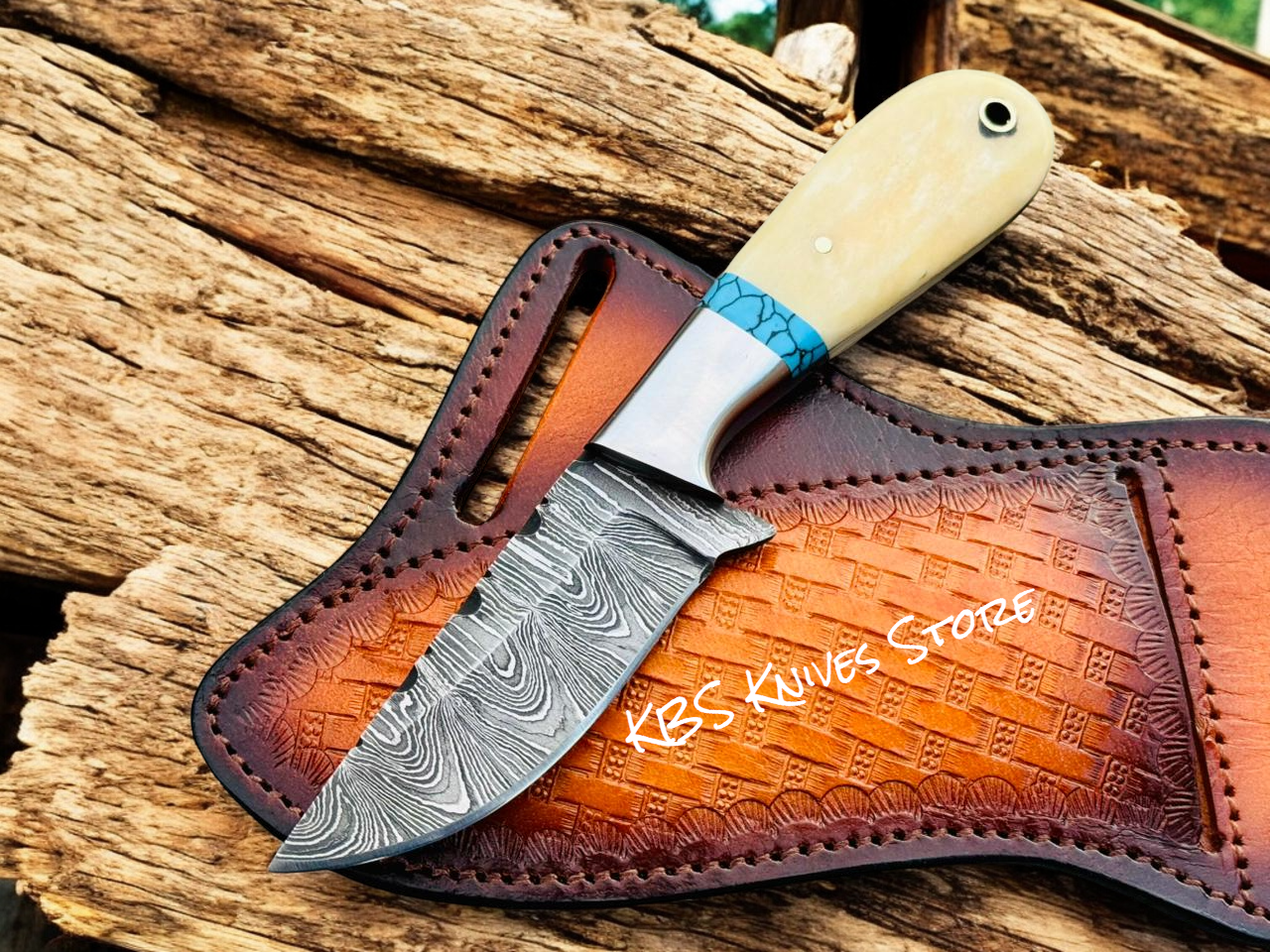 Western Knife with 3.5" Damascus Blade & Bone–Turquoise Handle
