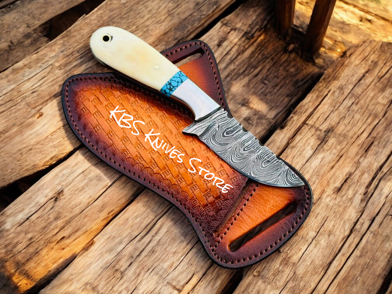 Western Knife with 3.5" Damascus Blade & Bone–Turquoise Handle