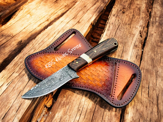 Western Knife and Sheath – 3.4" Damascus Blade W/ Wenge & Bone