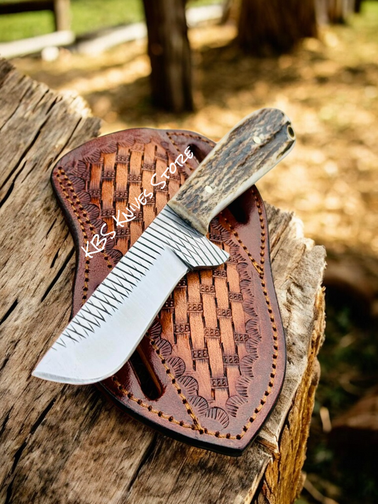 Deer Skinny Knife – 3.6" Rasp File Steel Blade with Antler Horn Handle