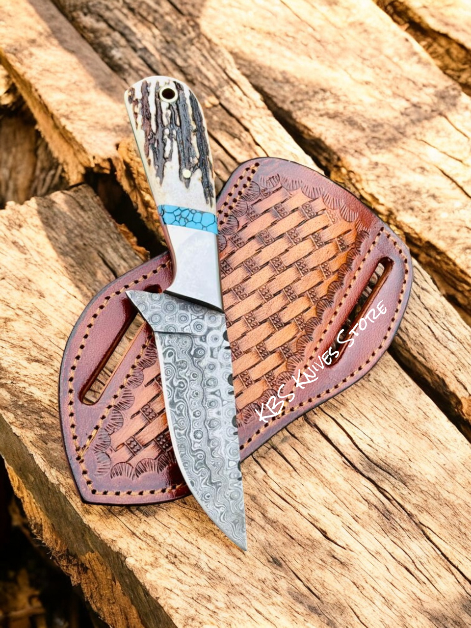 Working Cowboy Knife – 3.6" Raindrops Damascus Blade with Antler & Turquoise