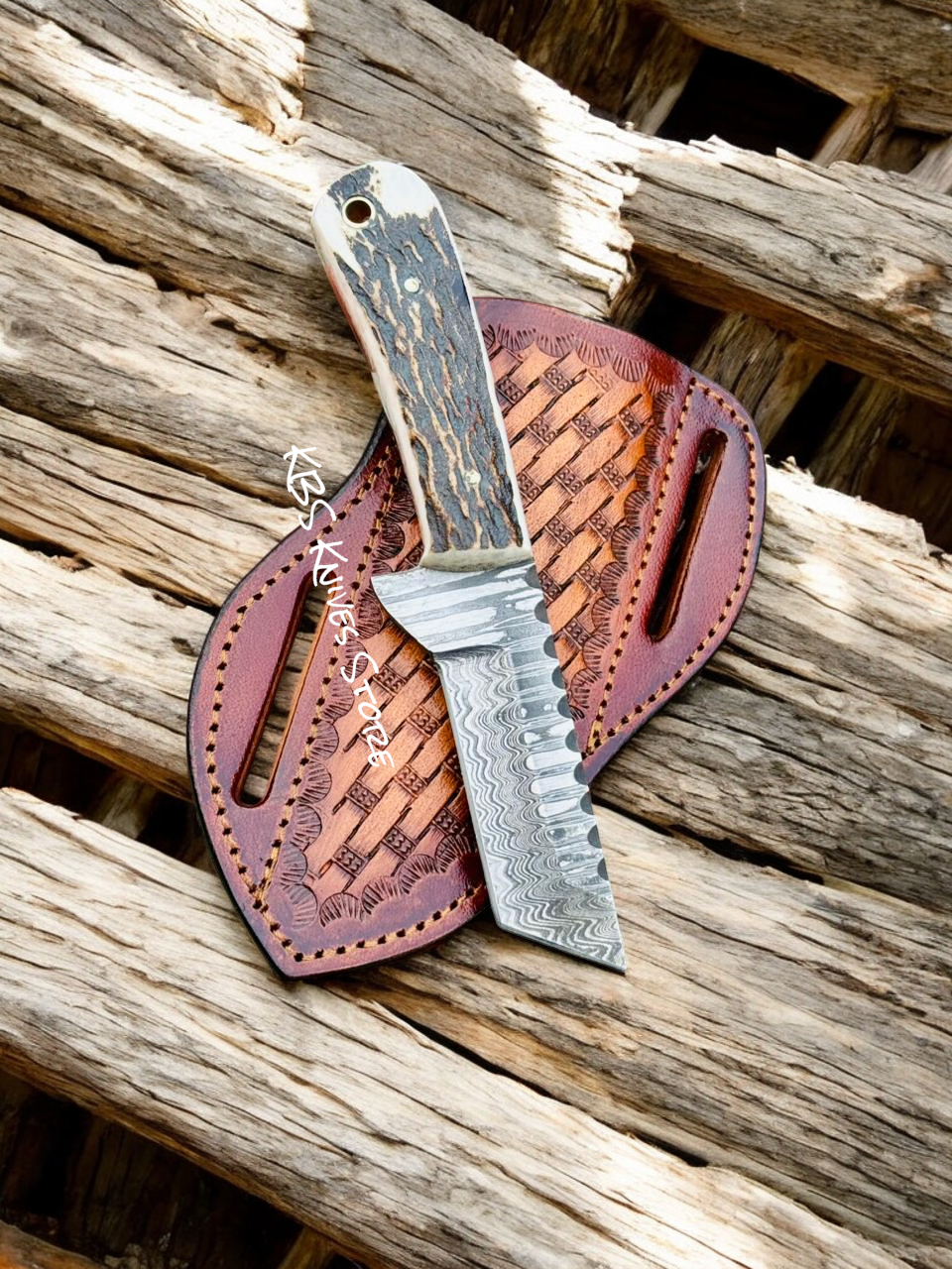 Tanto Knife – 3.4" Damascus Steel Blade with Antler Horn Handle