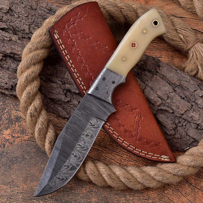 Whitetail Warrior deer hunting knife with KBS Knives logo engraved on the blade and leather sheath